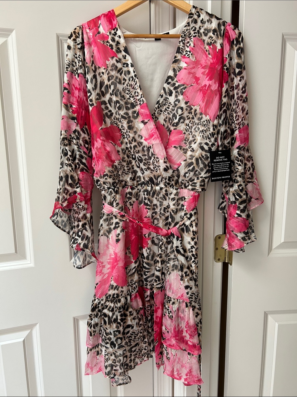 Boston Proper Pink Floral & Leopard-Accent Wrap Dress